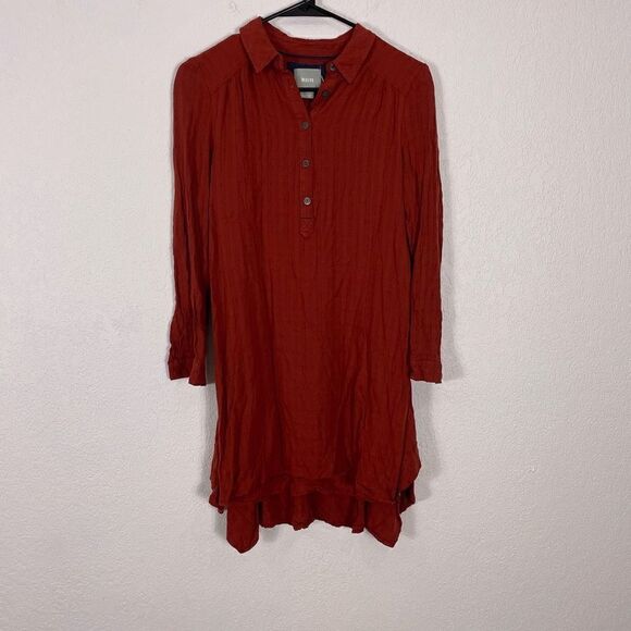 Maeve | Anthropologie Red Collared Henley Long Sleeve Dress - Picture 1 of 7